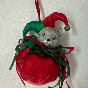 Vintage porcelain cat ornament: cat head jester harlequin mardi gras red /green